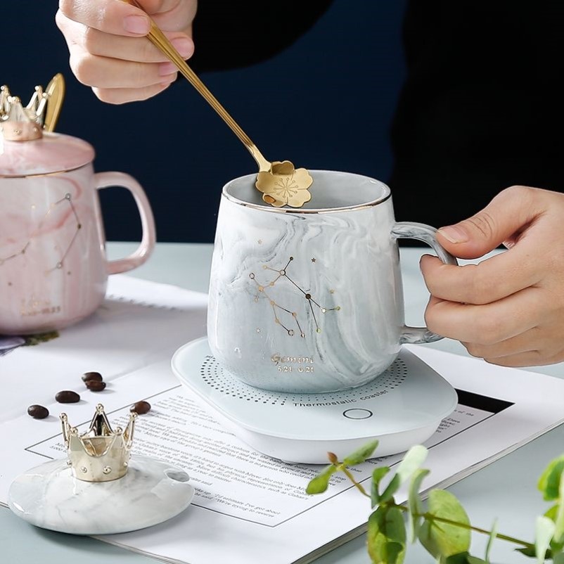 ins简约陶瓷马克杯带勺盖咖啡牛奶杯早餐杯办公家用喝水杯北欧风