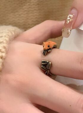 童趣可爱小松鼠开口戒指女小众设计感食指戒稀奇古怪的尾戒指环潮