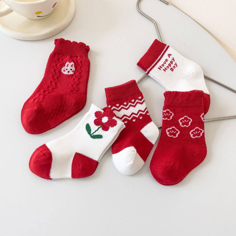 宝宝红色袜子婴儿秋冬纯棉不勒腿满月新年袜百天周岁大红袜婴幼儿