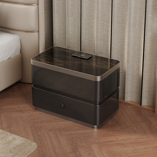 意式极简床头柜卧室简约现代黑色带锁无线充电岩板床边柜实木烤漆