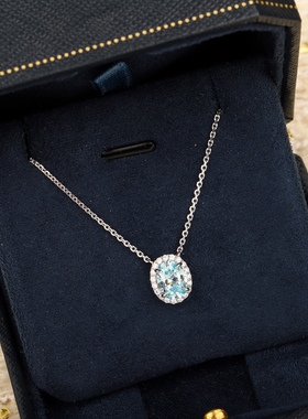 高定浅海蓝围镶蛋形吊坠项链】通体925纯银镀K金网红明星同款颈链