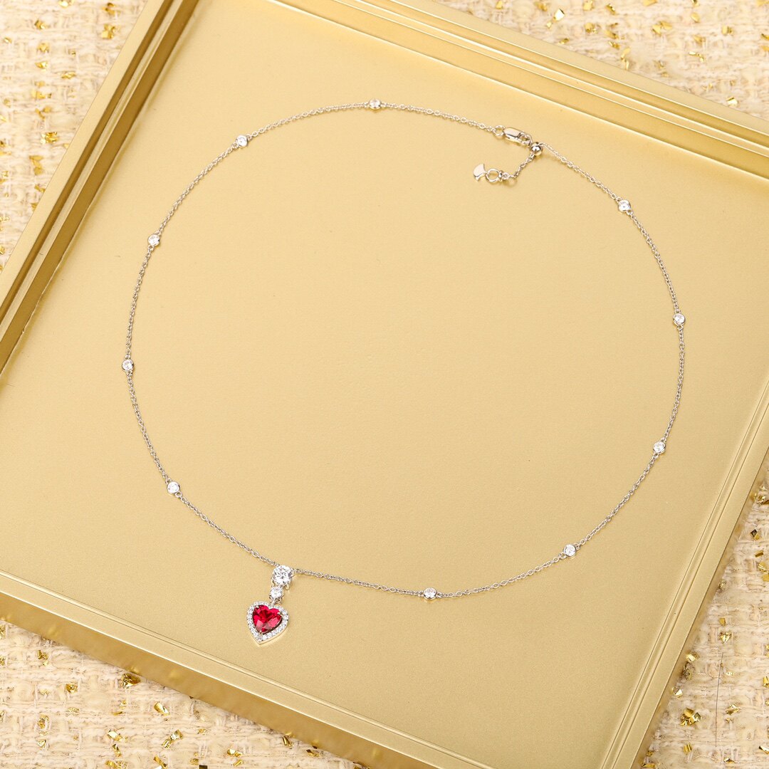 高定爱心红宝石项链吊坠】通体925纯银镀K金网红明星千金轻奢颈链