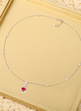 高定爱心红宝石项链吊坠】通体925纯银镀K金网红明星千金轻奢颈链
