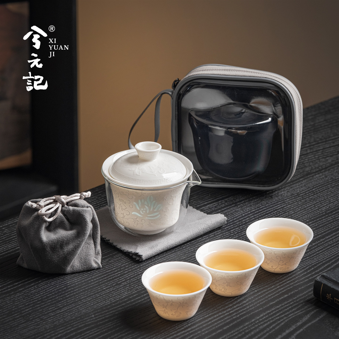 羊脂玉玲珑瓷快客杯便携式扒花盖碗旅行茶具套装户外出露营一人饮
