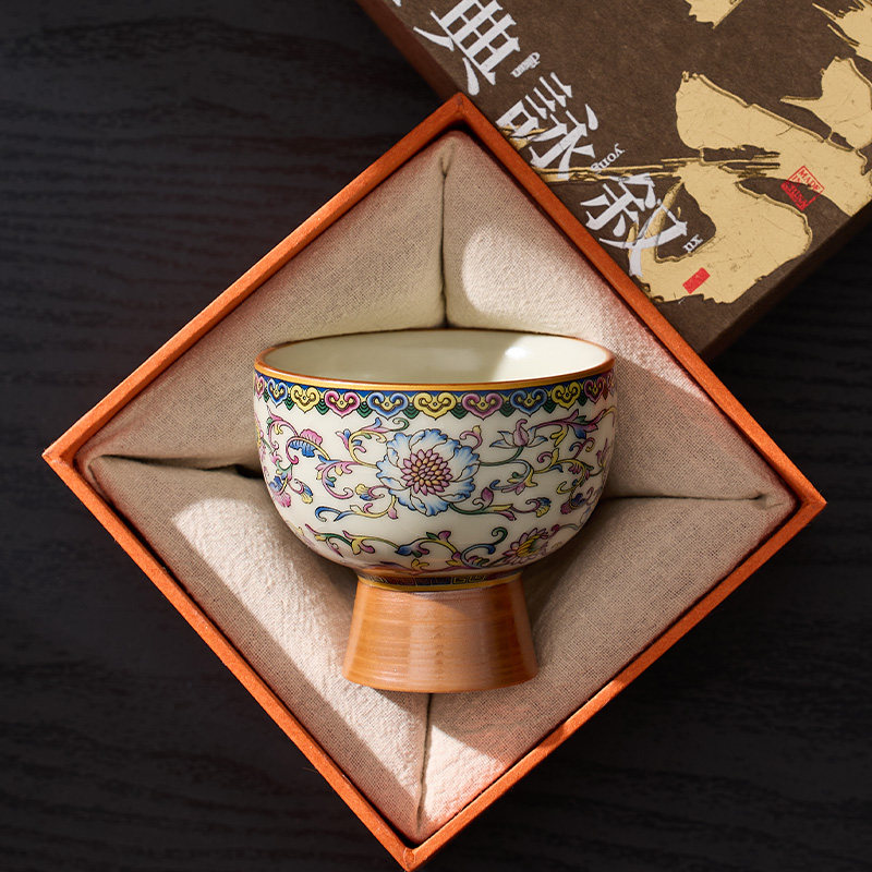 缠枝莲米黄汝窑功夫茶杯陶瓷主人杯单个高足杯个人专用单杯茶盏
