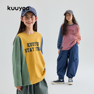T恤秋款 KUUYOO儿童复古拼接长袖 宽松纯棉圆领上衣外穿潮牌男女童