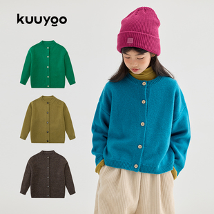 KUUYOO全羊毛彩色纯色毛衣春秋款儿童上衣中大童针织衫男女童潮