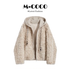 parkyeon韩系设计感羊羔毛连帽外套冬季新款阔腿休闲裤两件套