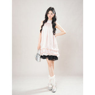 新款 古早千金系带挂脖连衣裙2025夏季 小个子甜美收腰显瘦连衣短裙