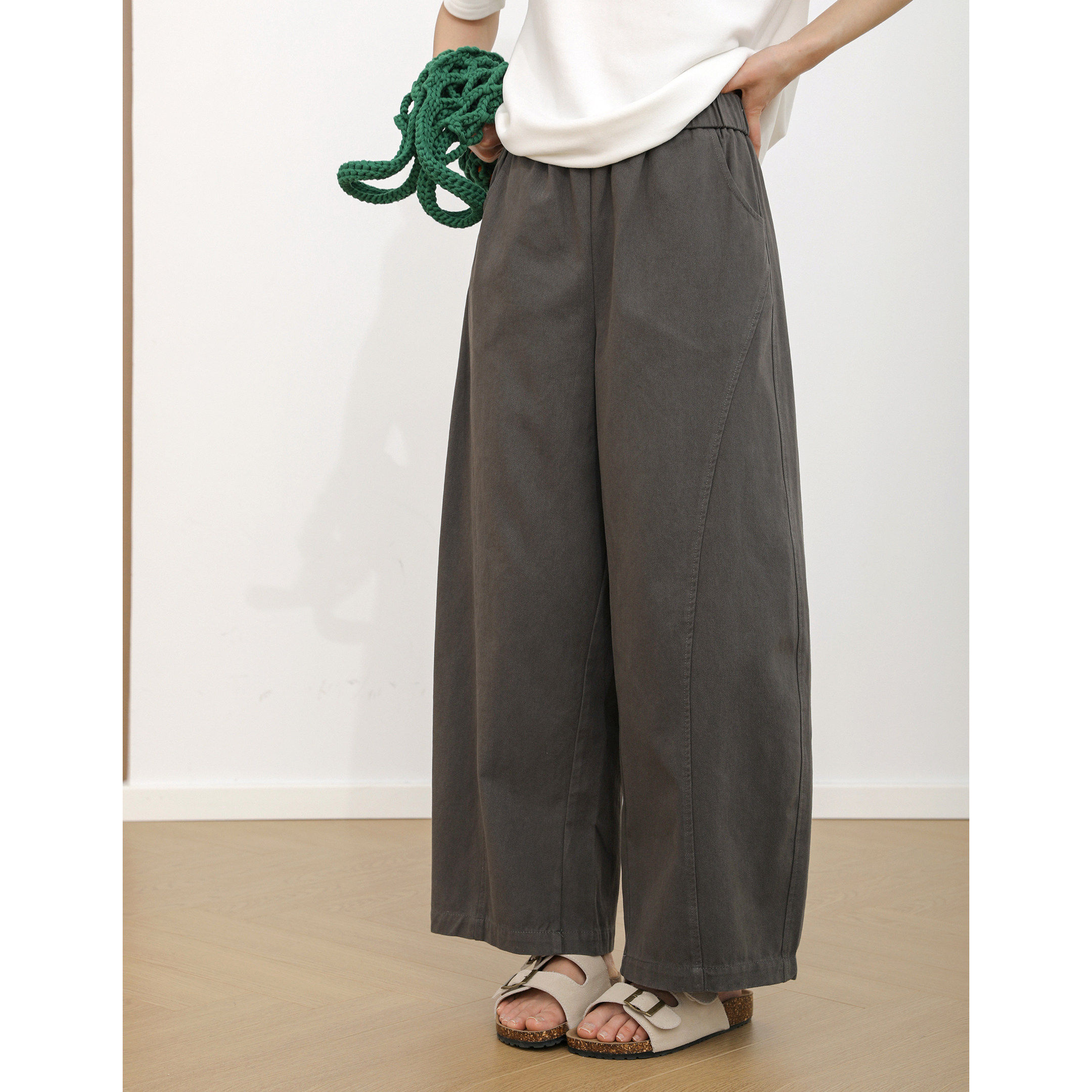 三木社 2026春季新款日系9分弧形分割休闲裤百搭松紧腰纯棉裤子女