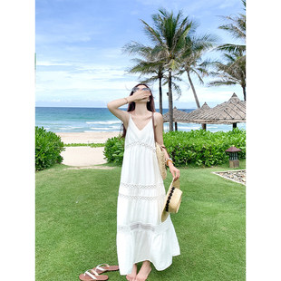 2025新款 曾小咸 海边度假白色V领吊带洋装 女夏季 长裙子 宽松无袖