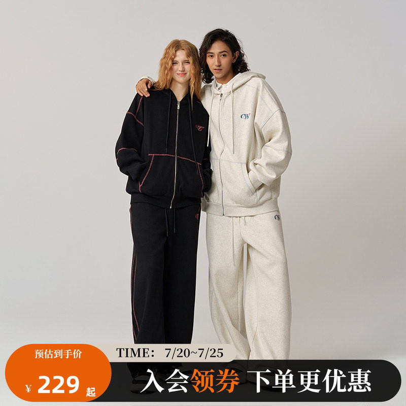 CANOTWAIT_athome系列复古彩标抓绒连帽卫衣卫裤套装外套男女款
