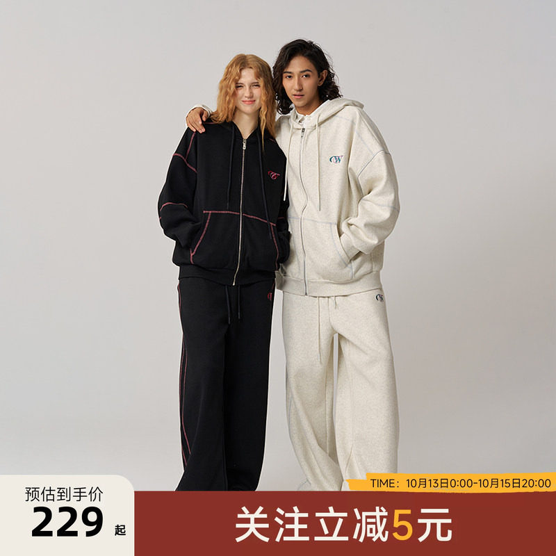 CANOTWAIT_athome系列复古彩标抓绒连帽卫衣卫裤套装外