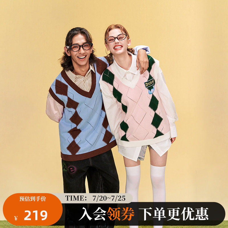 迪士尼联名史迪奇系列格纹毛衣背心秋冬款马甲男女同款情侣款潮流