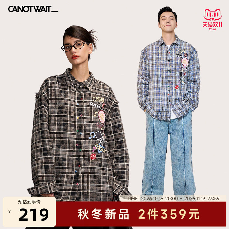陈伟霆CANOTWAIT格纹棉服加厚男女外套秋冬衬衫宽松保暖情侣休闲