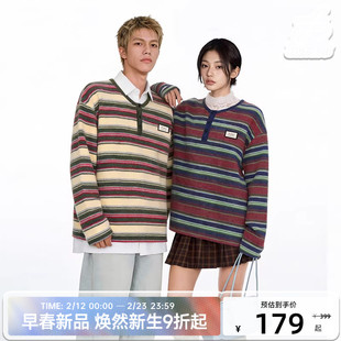 CANOTWAIT 陈伟霆彩色条纹亨利领长袖T恤绒感拼接条纹柔软新潮流