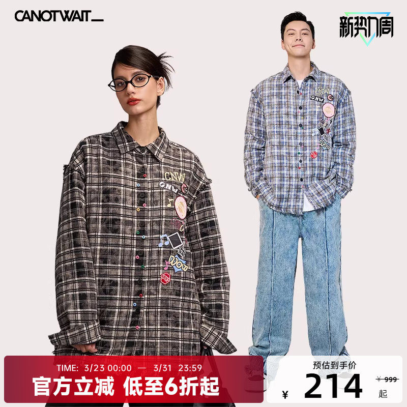 陈伟霆CANOTWAIT格纹棉服加厚男女外套秋冬衬衫宽松保暖情侣休闲
