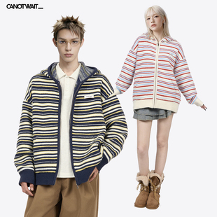 CANOTWAIT 拼色条纹连帽拉链毛衣外套情侣款秋冬百搭宽松休闲上衣