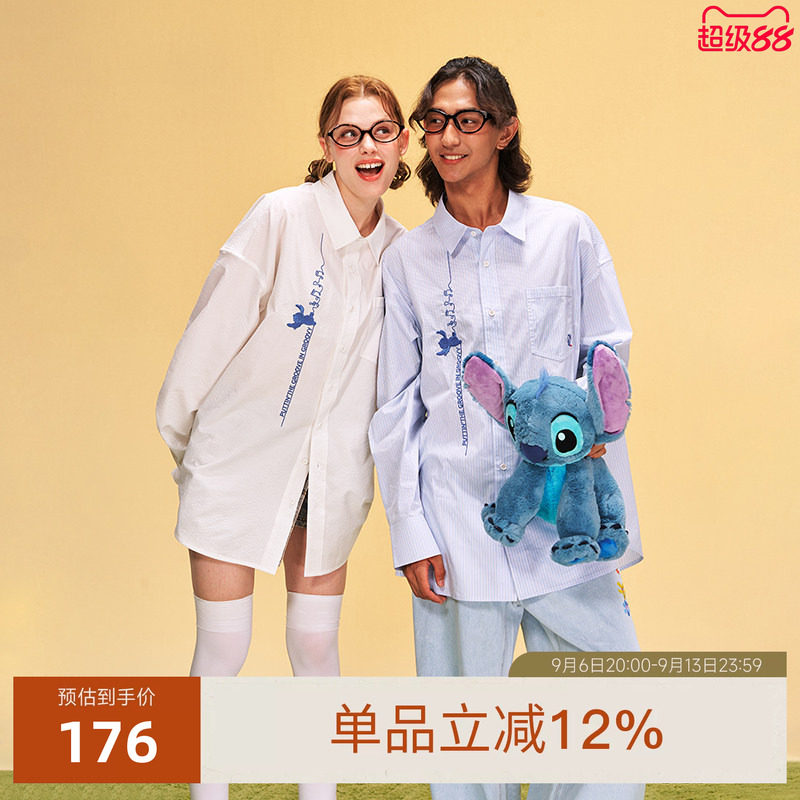迪士尼联名史迪奇系列字母刺绣长袖衬衫秋夏季新品男女同款百搭潮图片