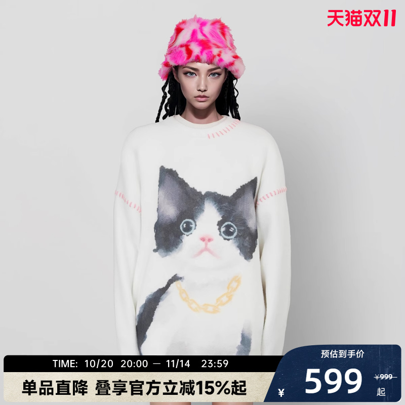 陈伟霆CANOTWAIT 猫咪图案印花毛衣针织衫男女同款秋冬上衣