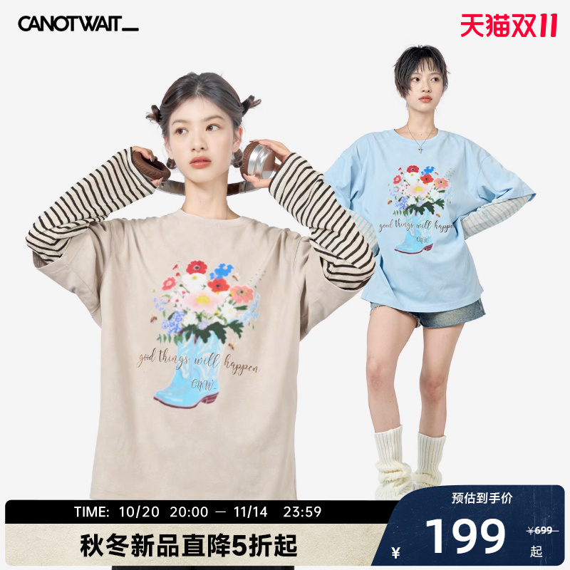 陈伟霆 CANOTWAIT花卉印花假两件长袖T恤男女秋冬外穿基础上衣