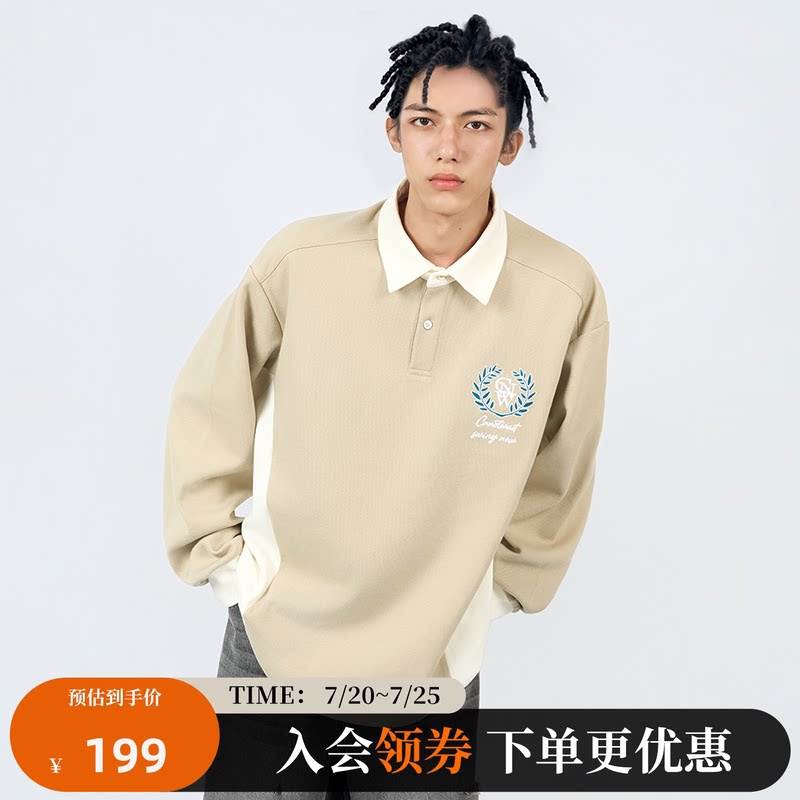 【秋冬新品】陈伟霆CANOTWAIT美式复古学院风拼接POLO长袖T恤潮