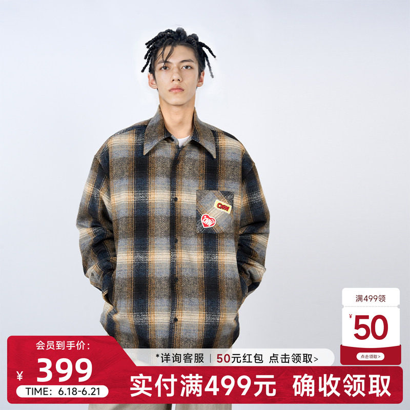 CANOTWAIT 复古渐变格纹长袖衬衫棉服外套秋冬情侣款设计感休闲