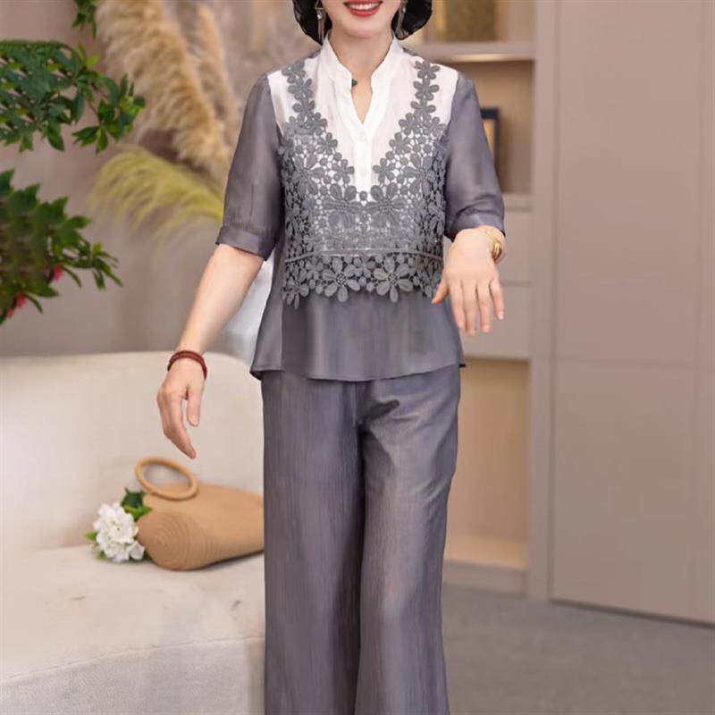 妈妈夏装套装2026新款端庄大气中老年女装夏季雪纺小衫长裤两件套