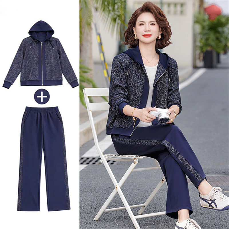 妈妈春装套装2026新款洋气连帽春秋外套中老年妇女装休闲运动服装