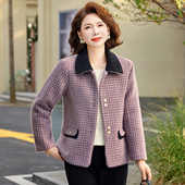 妈妈洋气毛呢大衣冬装 格子百搭翻领外套 季 加厚新款 中老年女春秋装