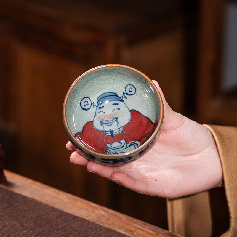 景德镇老陶泥功夫茶杯手绘财神爷主人杯釉下彩鸿运当头茶杯纯手工