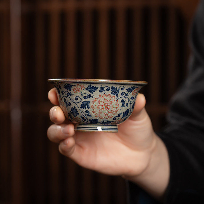 老陶泥青花红缠枝莲压手杯手绘茶杯柴烧陶瓷主人杯景德镇复古单杯