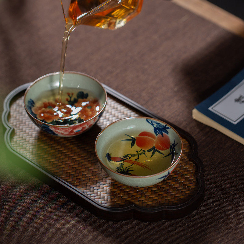 景德镇功夫茶杯手绘玉兰荷花寿桃牡丹品茗杯冰裂开片釉青花普洱杯