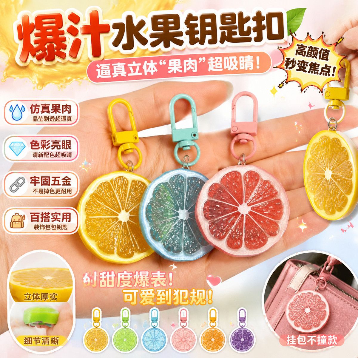 创意水果ins橙子柠檬饰品钥匙扣夜光趣味挂饰学生书包拉链挂件