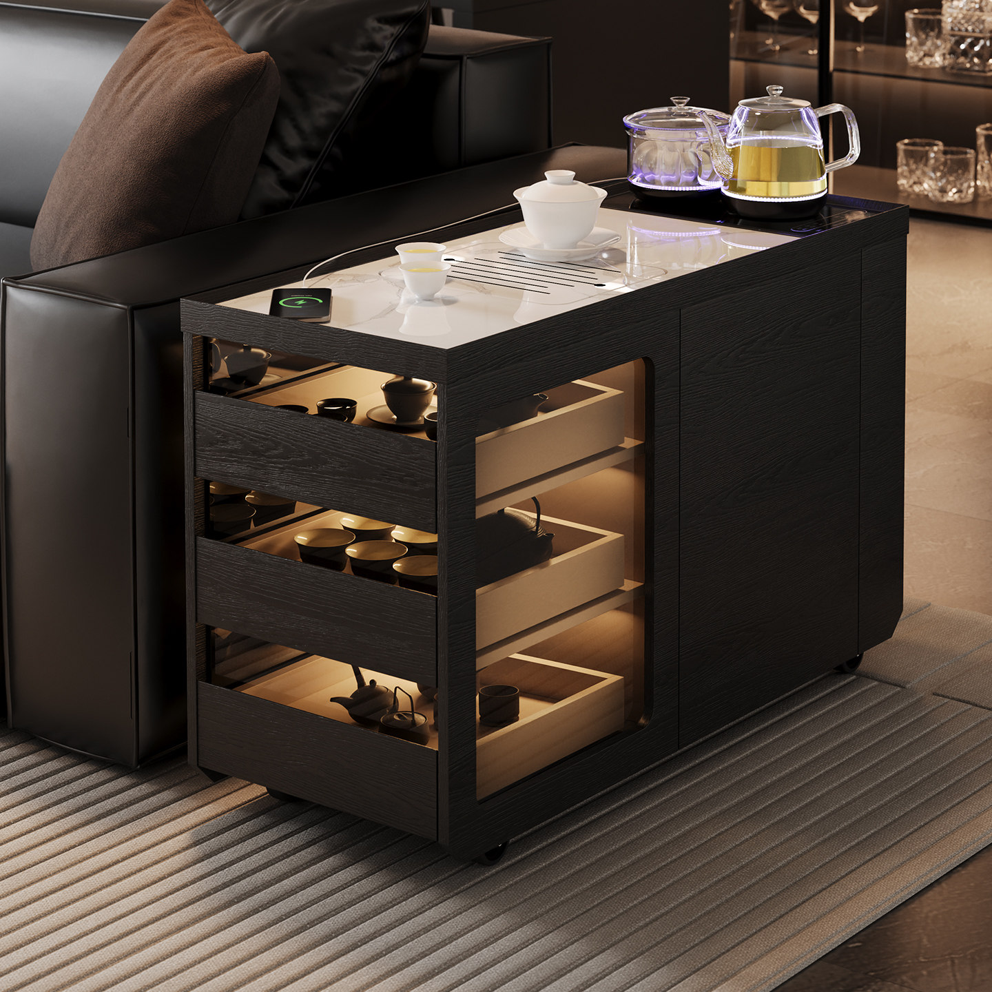 极简沙发侧边柜可移动茶水柜带烧水壶一体岩板茶桌带下水办公茶台,住宅家具,角几/边几,淘宝优惠券,粉丝福利购,淘宝优惠卷