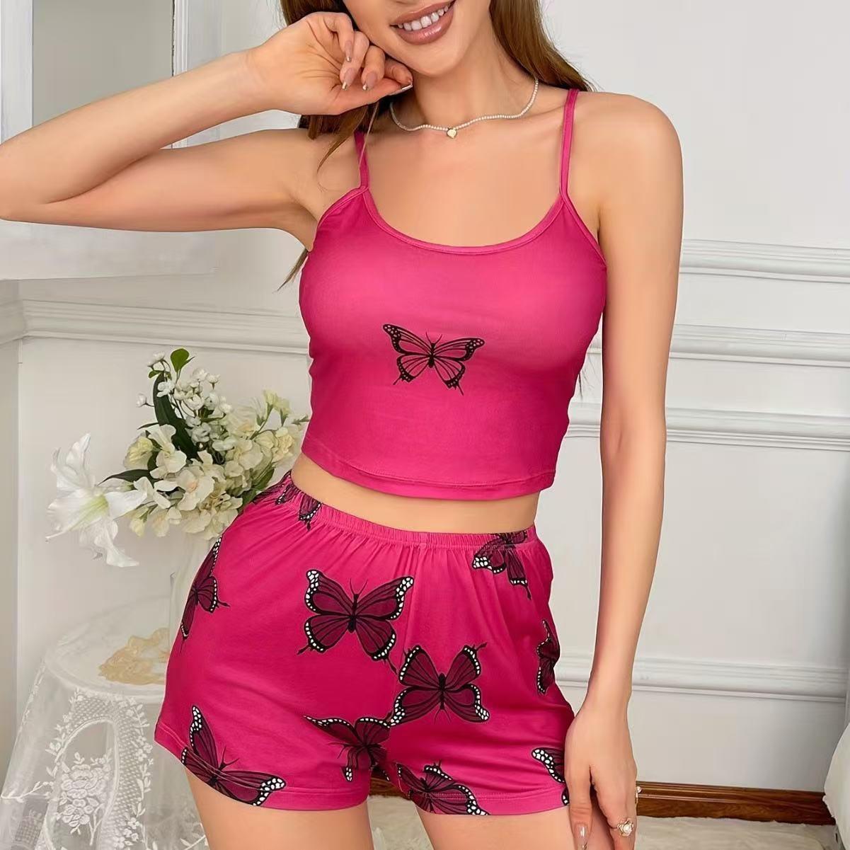 Temu欧美跨境夏季吊带短裤女睡衣套装垂感蝴蝶印花家居服欧美风