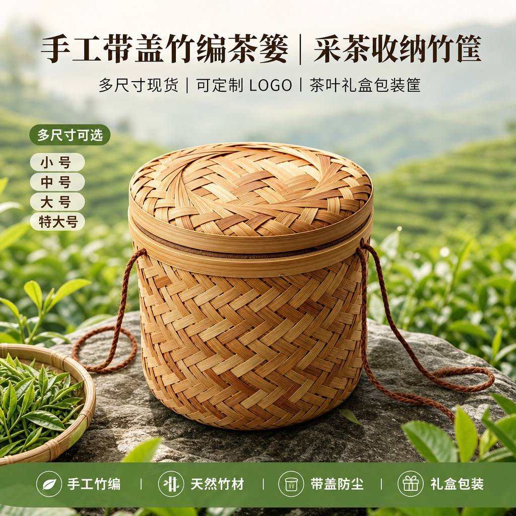 手工带盖竹编茶篓田园采茶竹篮普竹编织包装