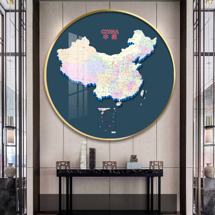 地图装饰画圆形创意儿童房挂画中国各省份办公室背景墙玄关墙壁画图片