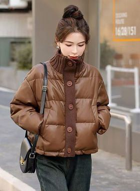 超短款羽绒服女PU皮2024年新款免洗嘉兴平湖立领加厚白鸭绒冬季潮