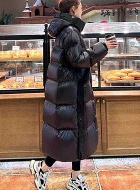 亮面鹅绒女黑金冬季新款韩版宽松加厚长款过膝平湖羽绒服外套面包
