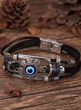 Men Leather Bracelet Classic Fashion Evil Eye Beads