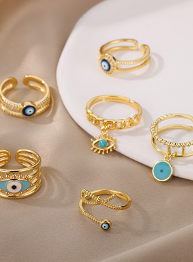 Blue Evil Eye Rings For Women Stainless Steel Zircon Enamel