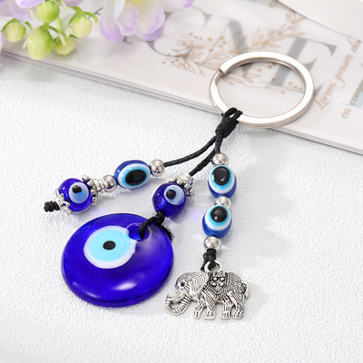 Round Blue Evil Eye Elephant Keychain Keyring For Men Women