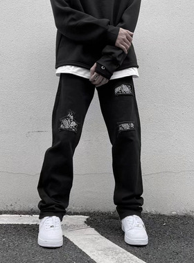 Black fake ripped jeans men's niche pants黑色假破洞牛仔裤男