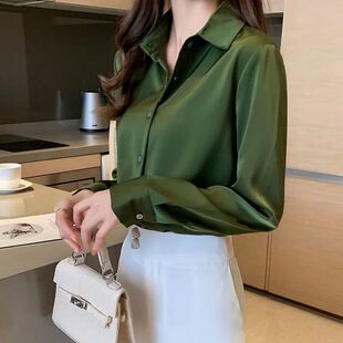 Solid color collar satin top shirt for women纯色翻领缎面衬衫