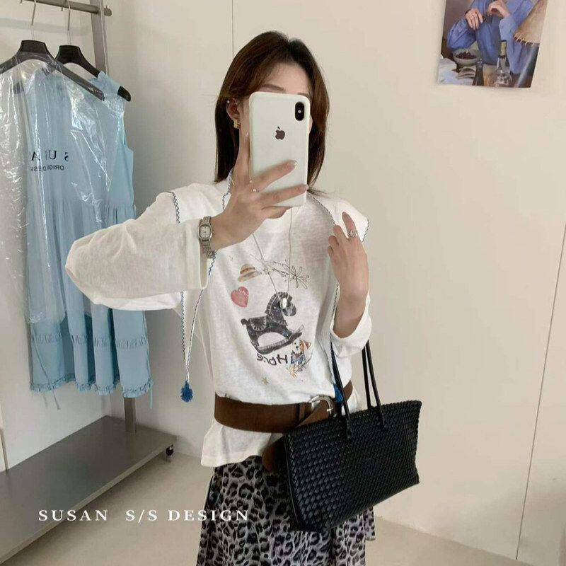 苏珊SUSAN 2026夏上新设计感印花圆领防晒长袖T恤配披肩女3030S