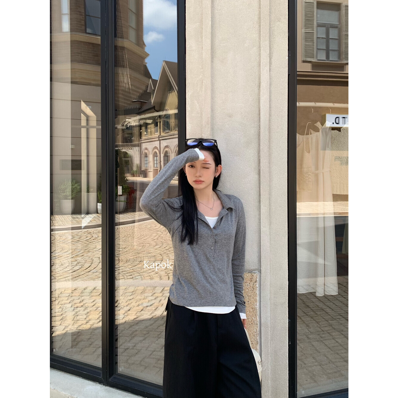 KAPOK-polo领百搭显瘦假两件上衣小衫小衫女(含19羊毛)ys1-25578