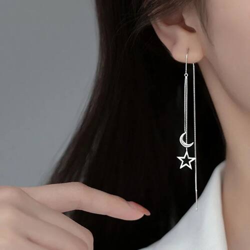 New Sterling Silver Star Moon Tassel Earrings for Women Simp