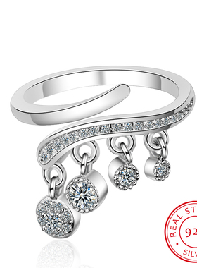 925 Silver Ring Shiny Cubic Zirconia Tassel Jewelry Charm