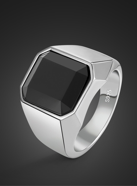 100% 925 Sterling Silver Men Black Onyx Square Agate Signet